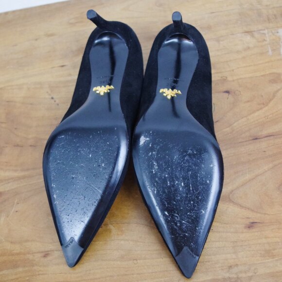Prada Italian Made Pointed Toe Black Suede Heels Size 39.5 - Picture 7 of 13